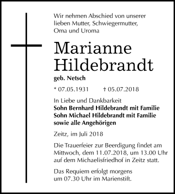 Traueranzeige von Marianne Hildebrandt von Mitteldeutsche Zeitung Zeitz