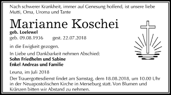 Traueranzeige von Marianne Koschei von Mitteldeutsche Zeitung Merseburg/Querfurt