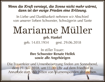 Traueranzeige von Marianne Müller von Wochenspiegel Mansfelder Land