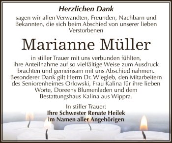 Traueranzeige von Marianne Müller von Super Sonntag SGH Mansf. Land