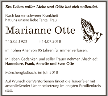 Traueranzeige von Marianne Otte von Wochenspiegel Mansfelder Land