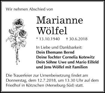 Traueranzeige von Marianne Wölfel von Mitteldeutsche Zeitung