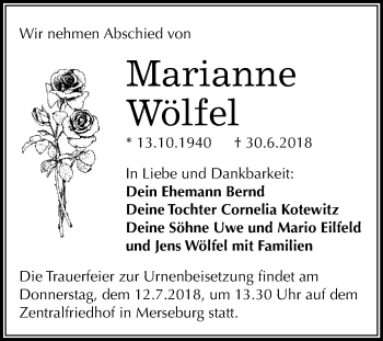 Traueranzeige von Marianne Wölfel von WVG - Wochenspiegel Merseburg