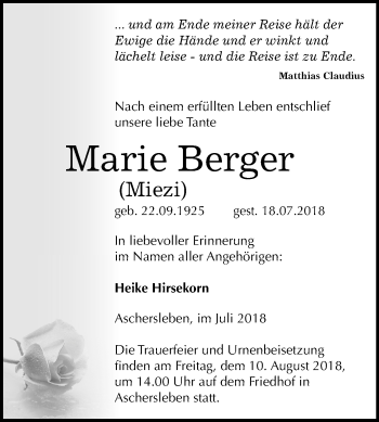 Traueranzeige von Marie Berger von Mitteldeutsche Zeitung Aschersleben