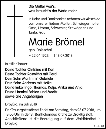 Traueranzeige von Marie Brömel von Mitteldeutsche Zeitung Zeitz