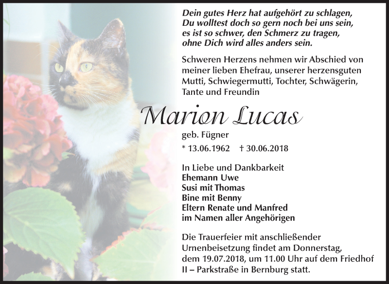  Traueranzeige für Marion Lucas vom 07.07.2018 aus Mitteldeutsche Zeitung Bernburg