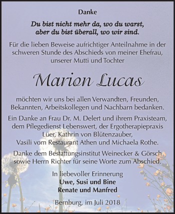 Traueranzeige von Marion Lucas von Mitteldeutsche Zeitung Bernburg