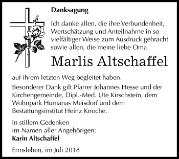 Traueranzeige von Marlis Altschaffel von Mitteldeutsche Zeitung Quedlinburg