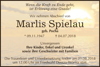 Traueranzeige von Marlis Spielau von WVG - Wochenspiegel Dessau / Köthen