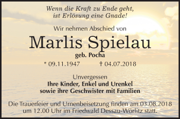 Traueranzeige von Marlis Spielau von Mitteldeutsche Zeitung Dessau-Roßlau