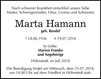 Traueranzeige von Marta Hamann von Mitteldeutsche Zeitung Halle/Saalkreis