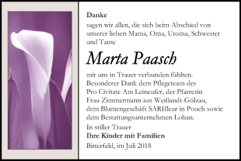 Traueranzeige von Marta Paasch von Mitteldeutsche Zeitung