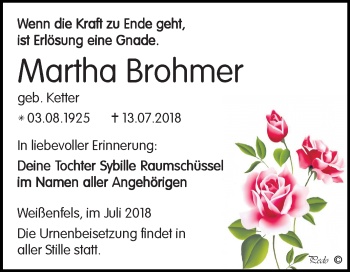 Traueranzeige von Martha Brohmer von Mitteldeutsche Zeitung Weißenfels