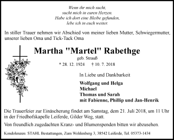 Traueranzeige von Martha Rabethge von Mitteldeutsche Zeitung Sangerhausen