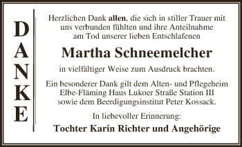 Traueranzeige von Martha Schneemelcher von WVG - Wochenspiegel Dessau / Köthen