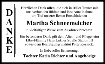 Traueranzeige von Martha Schneemelcher von Mitteldeutsche Zeitung Dessau-Roßlau