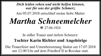 Traueranzeige von Martha Schneemelcher von Mitteldeutsche Zeitung Dessau-Roßlau