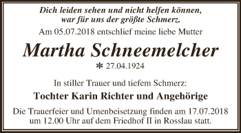 Traueranzeige von Martha Schneemelcher von WVG - Wochenspiegel Dessau / Köthen