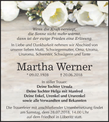 Traueranzeige von Martha Werner von WVG - Wochenspiegel Bitterfeld