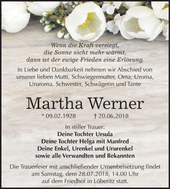 Traueranzeige von Martha Werner von Mitteldeutsche Zeitung Bitterfeld