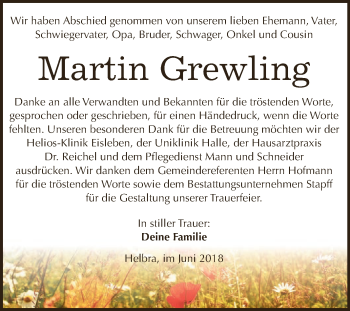 Traueranzeige von Martin Grewling von Super Sonntag SGH Mansf. Land