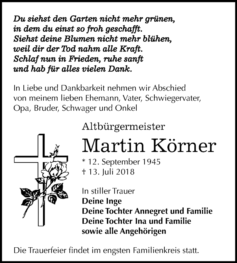  Traueranzeige für Martin Körner vom 21.07.2018 aus Mitteldeutsche Zeitung