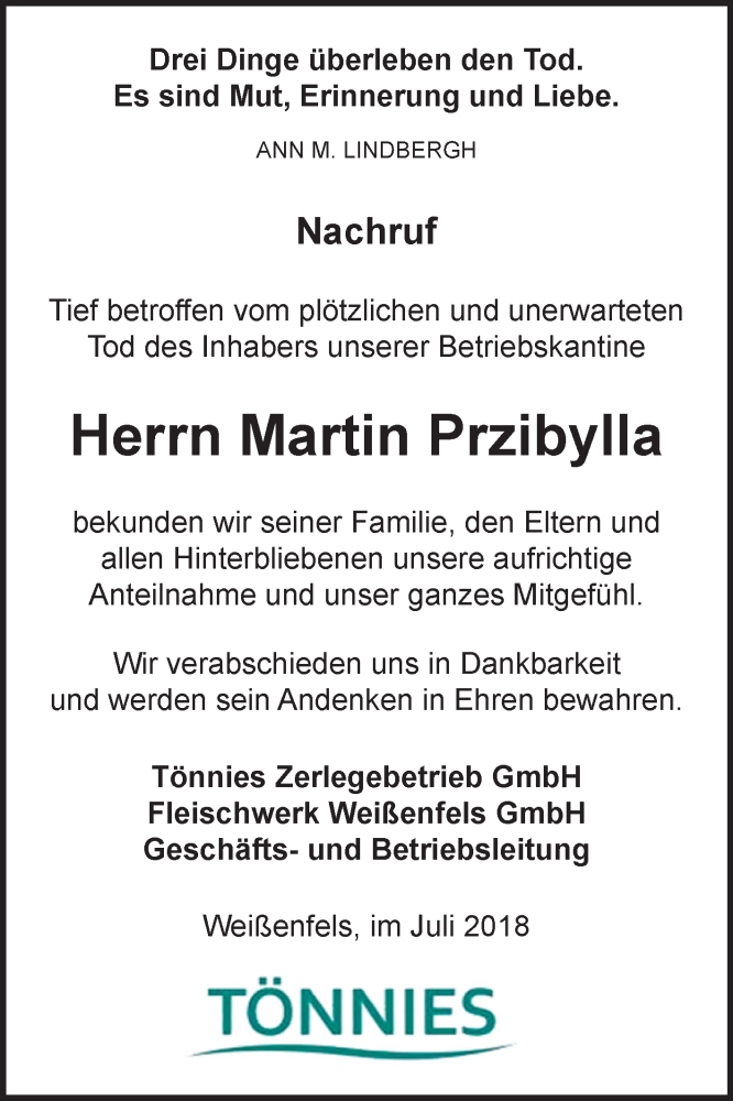  Traueranzeige für Martin Przibylla vom 07.07.2018 aus Mitteldeutsche Zeitung Weißenfels