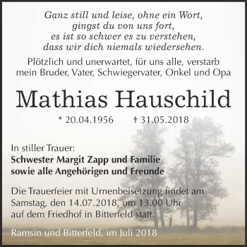 Traueranzeige von Mathias Hauschild von WVG - Wochenspiegel Bitterfeld