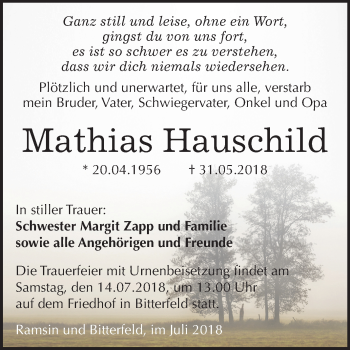 Traueranzeige von Mathias Hauschild von Mitteldeutsche Zeitung Bitterfeld