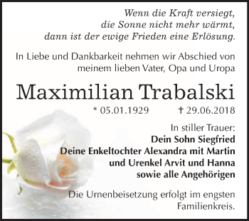 Traueranzeige von Maximilian Trabalski von WVG - Wochenspiegel Bitterfeld