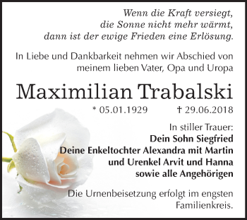 Traueranzeige von Maximilian Trabalski von Mitteldeutsche Zeitung Bitterfeld