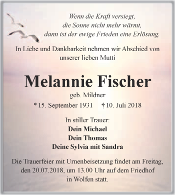 Traueranzeige von Melannie Fischer von WVG - Wochenspiegel Bitterfeld