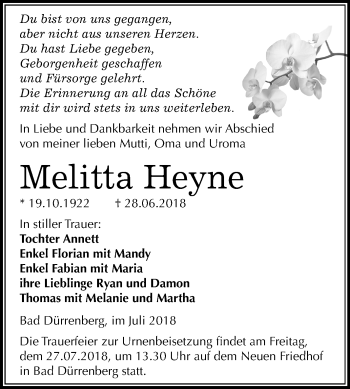 Traueranzeige von Melitta Heyne von Mitteldeutsche Zeitung Merseburg/Querfurt
