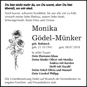 Traueranzeige von Monika Gödel-Münker von Mitteldeutsche Zeitung Bitterfeld