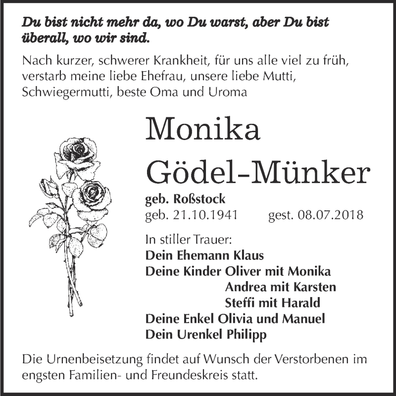  Traueranzeige für Monika Gödel-Münker vom 18.07.2018 aus WVG - Wochenspiegel Bitterfeld