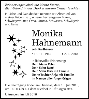 Traueranzeige von Monika Hahnemann von Mitteldeutsche Zeitung Sangerhausen