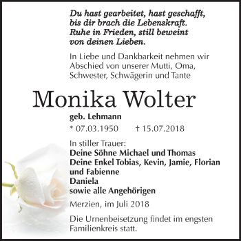 Traueranzeige von Monika Wolter von Mitteldeutsche Zeitung Köthen