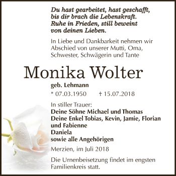 Traueranzeige von Monika Wolter von WVG - Wochenspiegel Dessau / Köthen