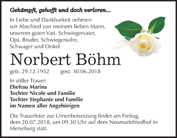 Traueranzeige von Norbert Böhm von Mitteldeutsche Zeitung Merseburg/Querfurt