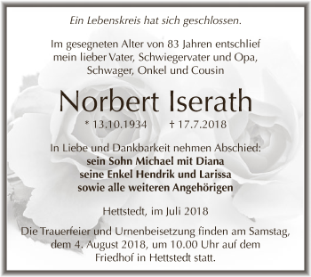 Traueranzeige von Norbert Iserath von Wochenspiegel Mansfelder Land