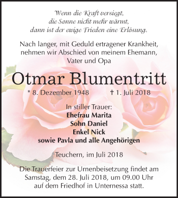 Traueranzeige von Otmar Blumentritt von Mitteldeutsche Zeitung Weißenfels