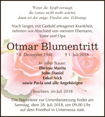 Traueranzeige von Otmar Blumentritt von WVG - Wochenspiegel NMB / WSF / ZTZ