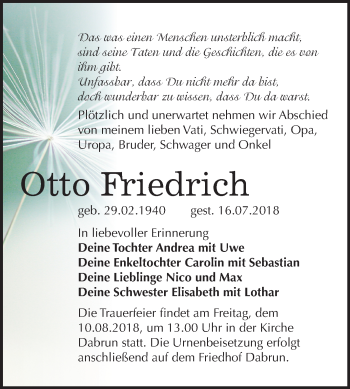 Traueranzeige von Otto Friedrich von Mitteldeutsche Zeitung