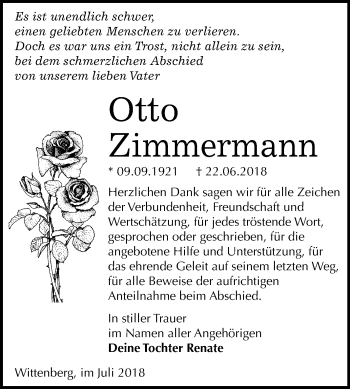 Traueranzeige von Otto Zimmermann von Mitteldeutsche Zeitung