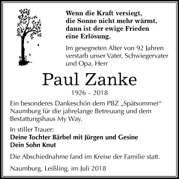 Traueranzeige von Paul Zanke von Mitteldeutsche Zeitung Weißenfels