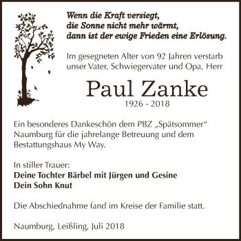 Traueranzeige von Paul Zanke von WVG - Wochenspiegel NMB / WSF / ZTZ