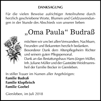 Traueranzeige von Paula Budraß von Mitteldeutsche Zeitung Aschersleben