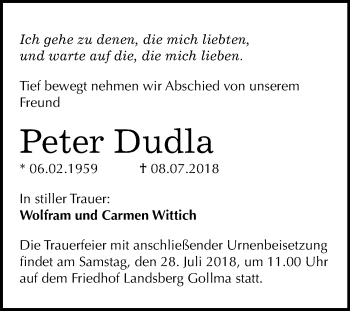 Traueranzeige von Peter Dudla von Mitteldeutsche Zeitung Halle/Saalkreis