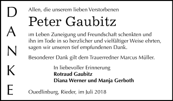 Traueranzeige von Peter Gaubitz von Mitteldeutsche Zeitung