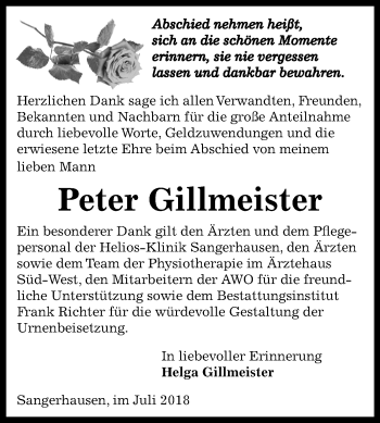 Traueranzeige von Peter Gillmeister von Mitteldeutsche Zeitung Sangerhausen